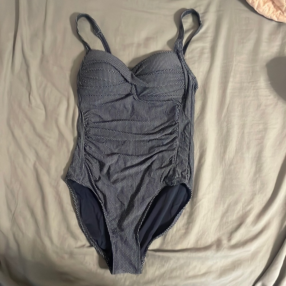 Blue polka dot one piece bathing suit